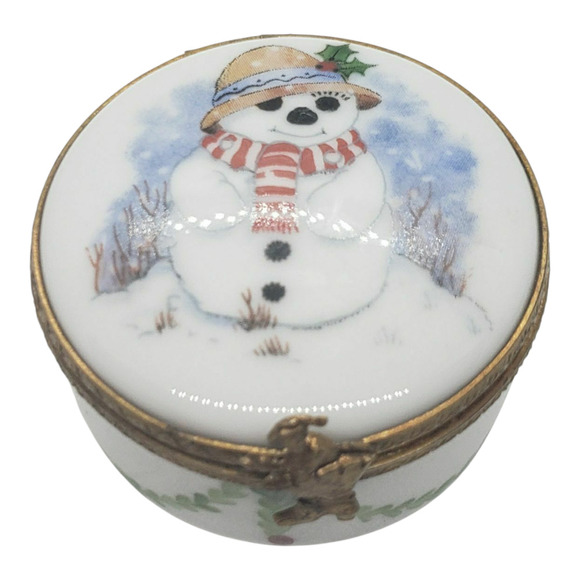 Vintage Limoges Porcelain Trinket Jewelry Box Snowman Holly Christmas Hand Paint - Picture 1 of 14